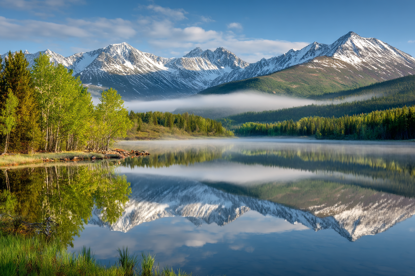 Friedlicher Natur See Mit Schneebedeckten Bergen Und Nebel | Seen und Unterwasserwelten | Landschaften