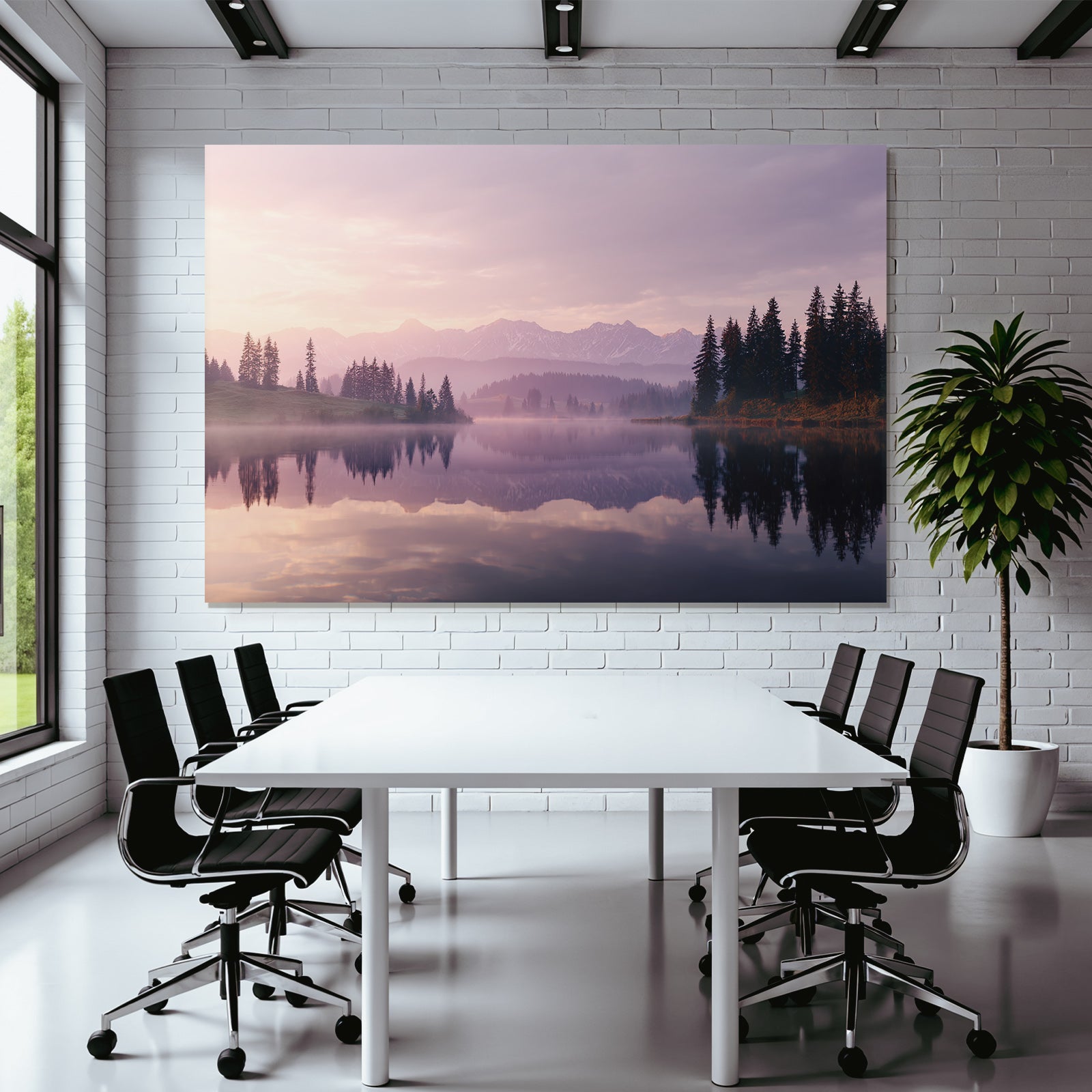 Ruhige Landschaft Am See Umgeben Von Bergen Und Tannen Dawn Dusk