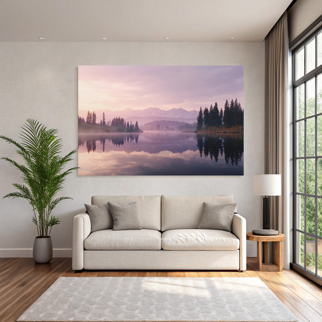 Ruhige Landschaft Am See Umgeben Von Bergen Und Tannen Dawn Dusk