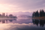 Ruhige Landschaft Am See Umgeben Von Bergen Und Tannen Dawn Dusk | Seen und Unterwasserwelten | Landschaften