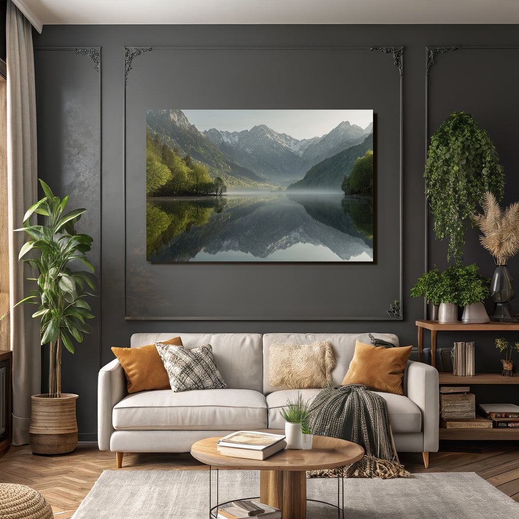 Ruhige Landschaft Mit See Und Bergen Morgendlicher Nebel