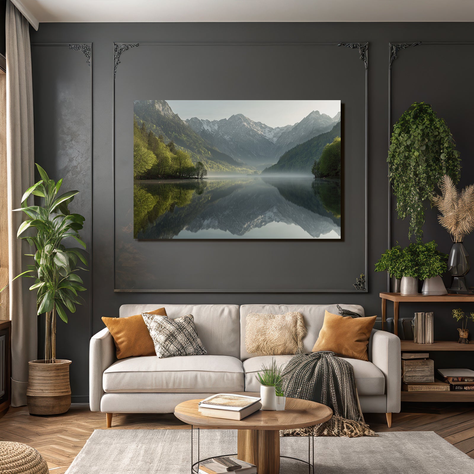 Ruhige Landschaft Mit See Und Bergen Morgendlicher Nebel