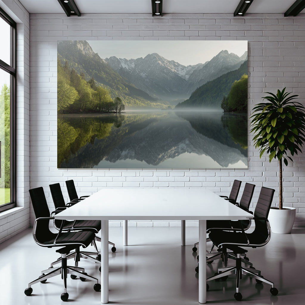 Ruhige Landschaft Mit See Und Bergen Morgendlicher Nebel