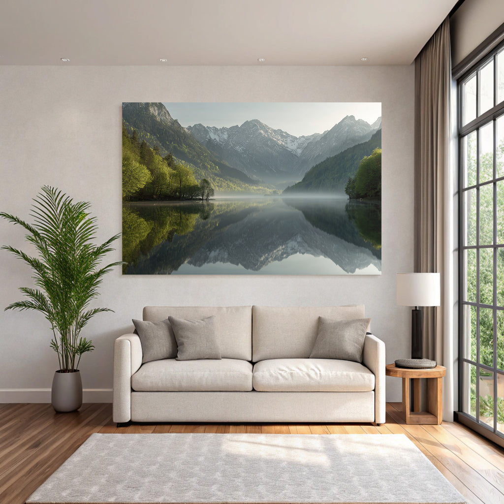 Ruhige Landschaft Mit See Und Bergen Morgendlicher Nebel