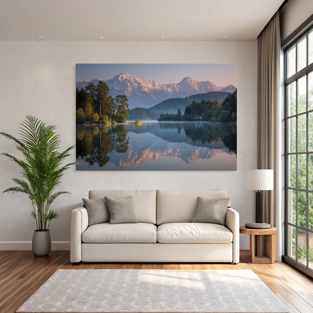 Ruhige Landschaft See Baeume Berge Morgensonne Reflexion