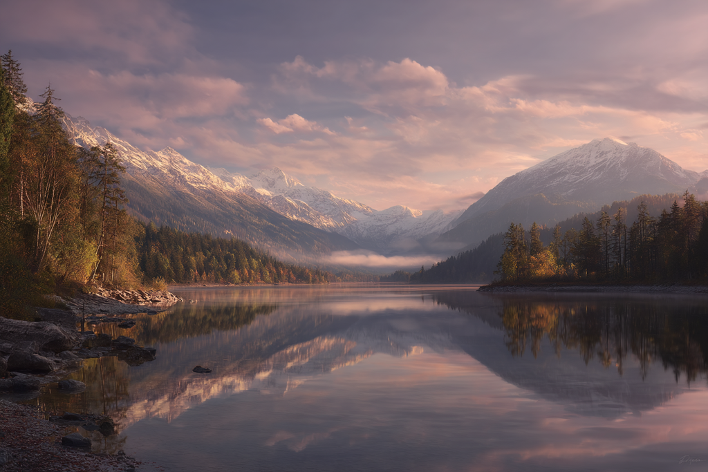 Schöne Landschaft Mit Bergen Und See Im Hintergrund Sonnenaufgang Oder Sonnenuntergang | Seen und Unterwasserwelten | Landschaften