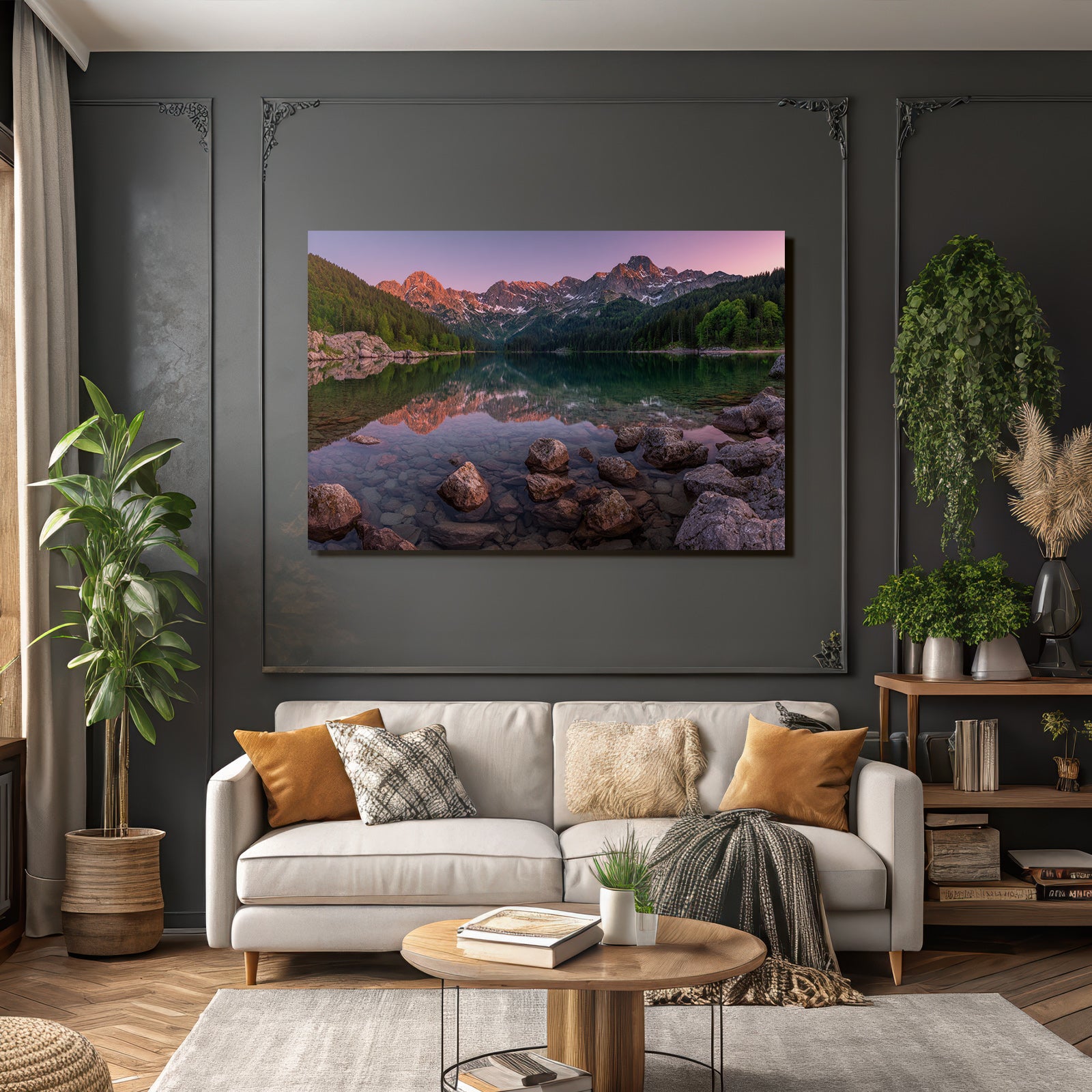 Schöne Naturlandschaft Reflektierende Berge Und See Sonnenaufgang Oder Sonnenuntergang