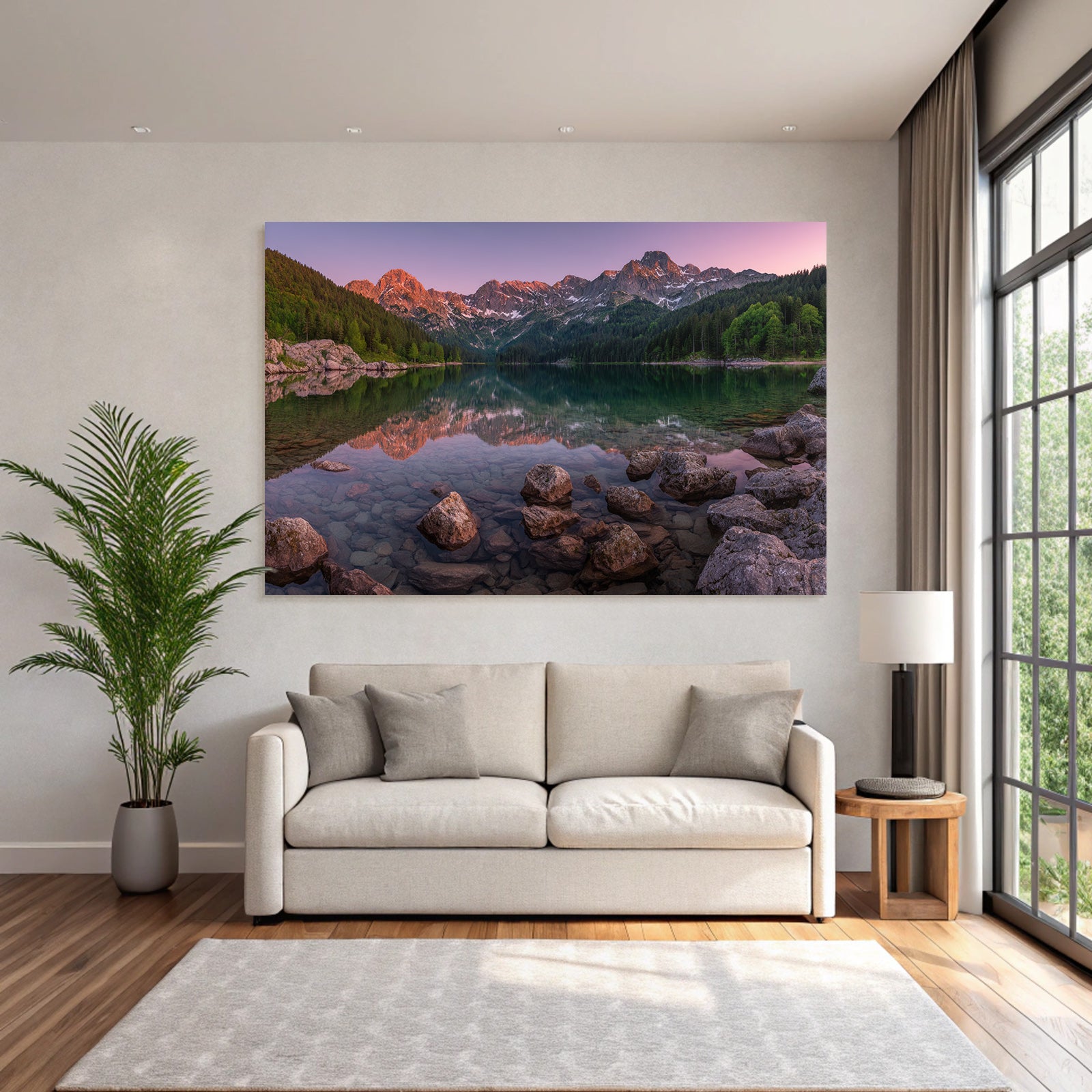 Schöne Naturlandschaft Reflektierende Berge Und See Sonnenaufgang Oder Sonnenuntergang