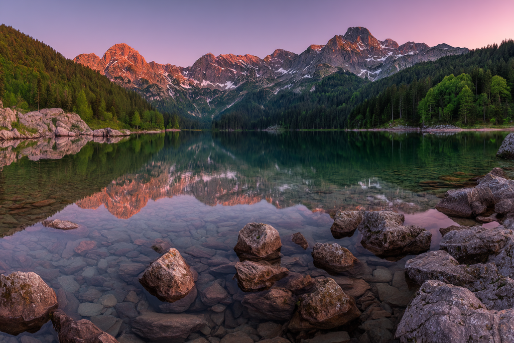 Schöne Naturlandschaft Reflektierende Berge Und See Sonnenaufgang Oder Sonnenuntergang | Seen und Unterwasserwelten | Landschaften