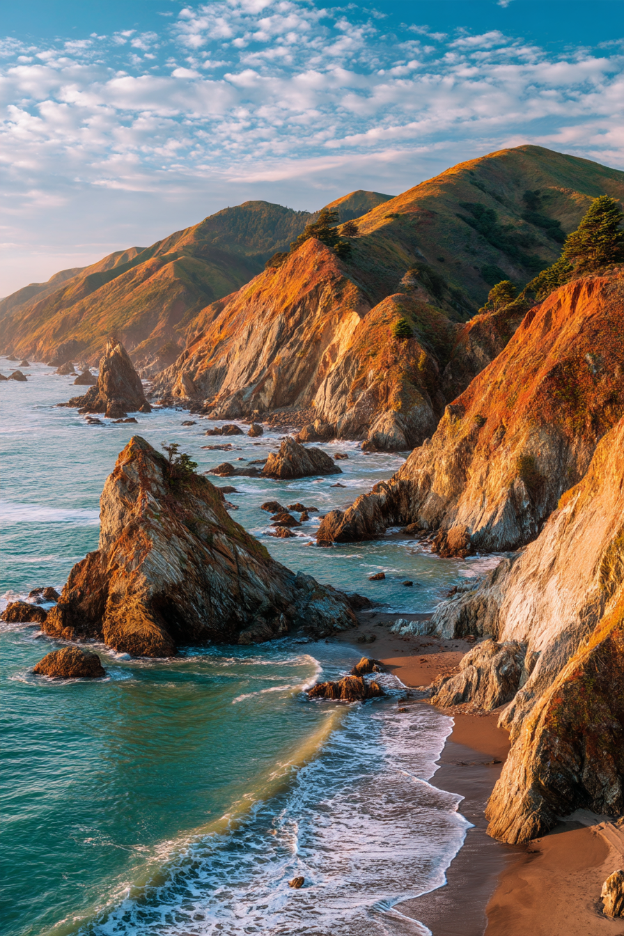 Küstliche Landlandschaft Am Meer Mit Klippen Wellen Und Sandstrand Sonnenaufgang Oder Sonnenuntergang | Straende und Kuesten | Landschaften