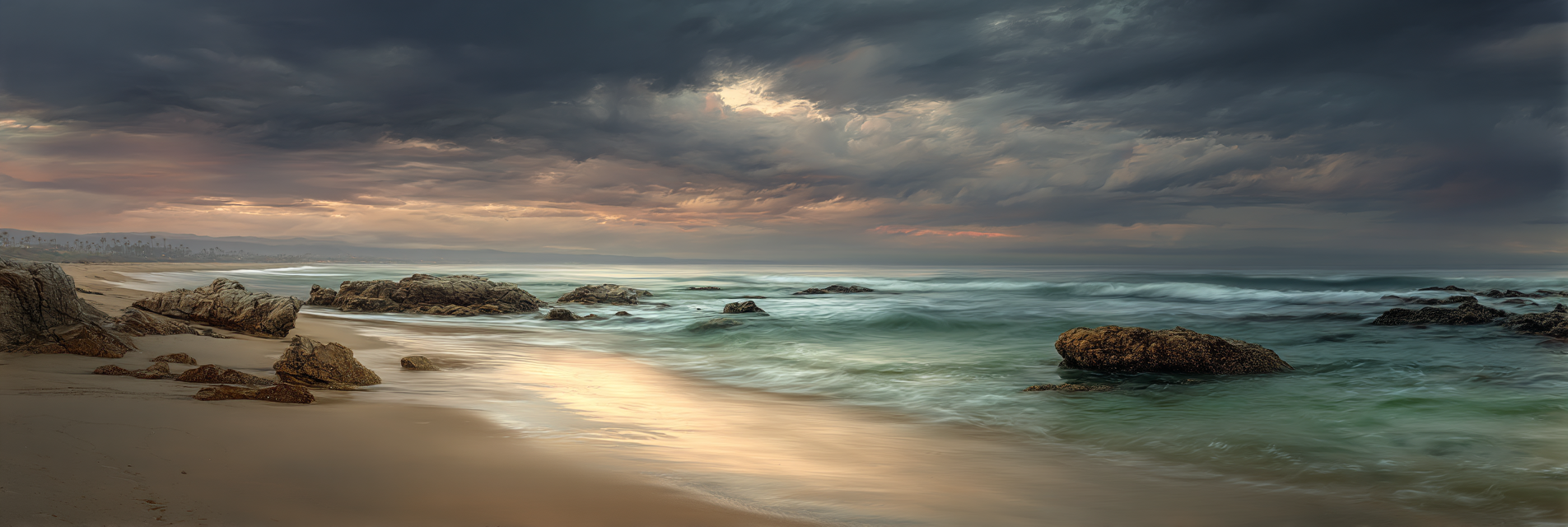 Sandstrand Mit Felsen Und Sturmwolken Sonnenaufgang | Straende und Kuesten | Landschaften