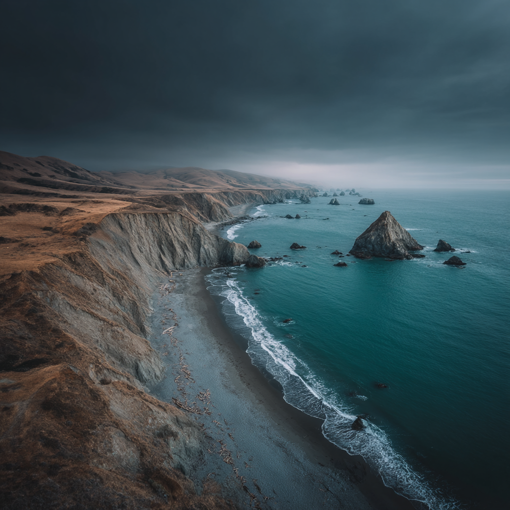 Dramatische Küstenlandschaft Rugged Klippen Strand Felsformationen Meer Overcast | Straende und Kuesten | Landschaften