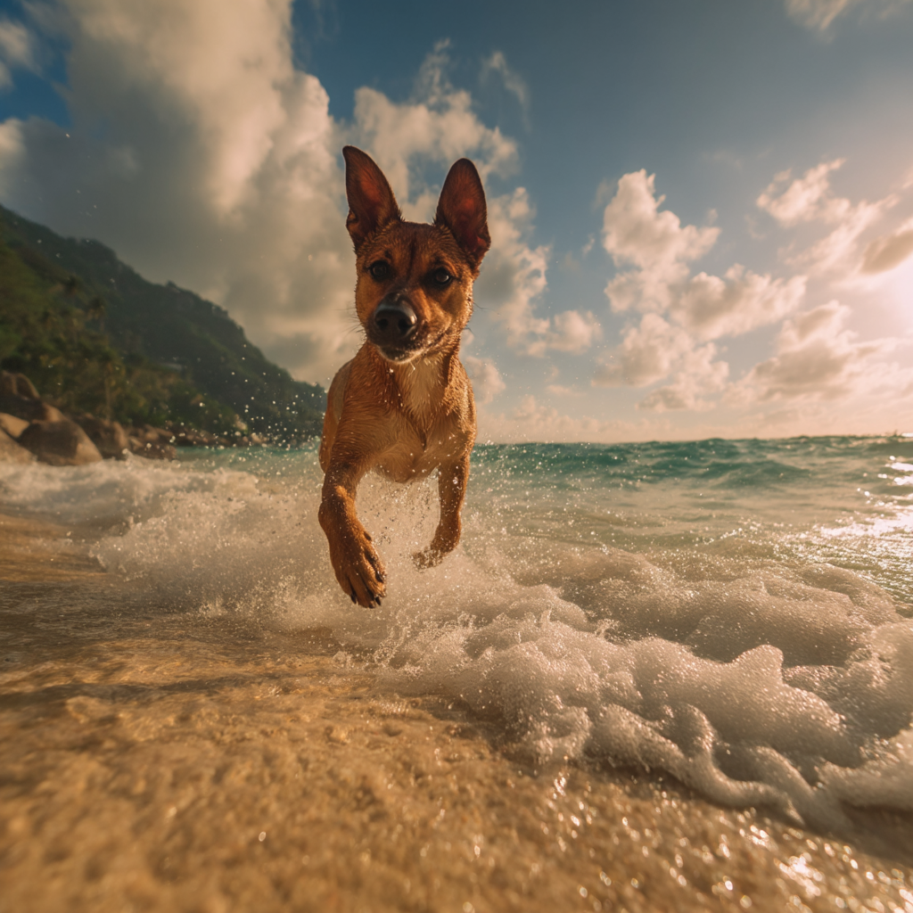 Hund Läuft Spielerisch Am Strand Mit Wellen Im Hintergrund | Straende und Kuesten | Landschaften