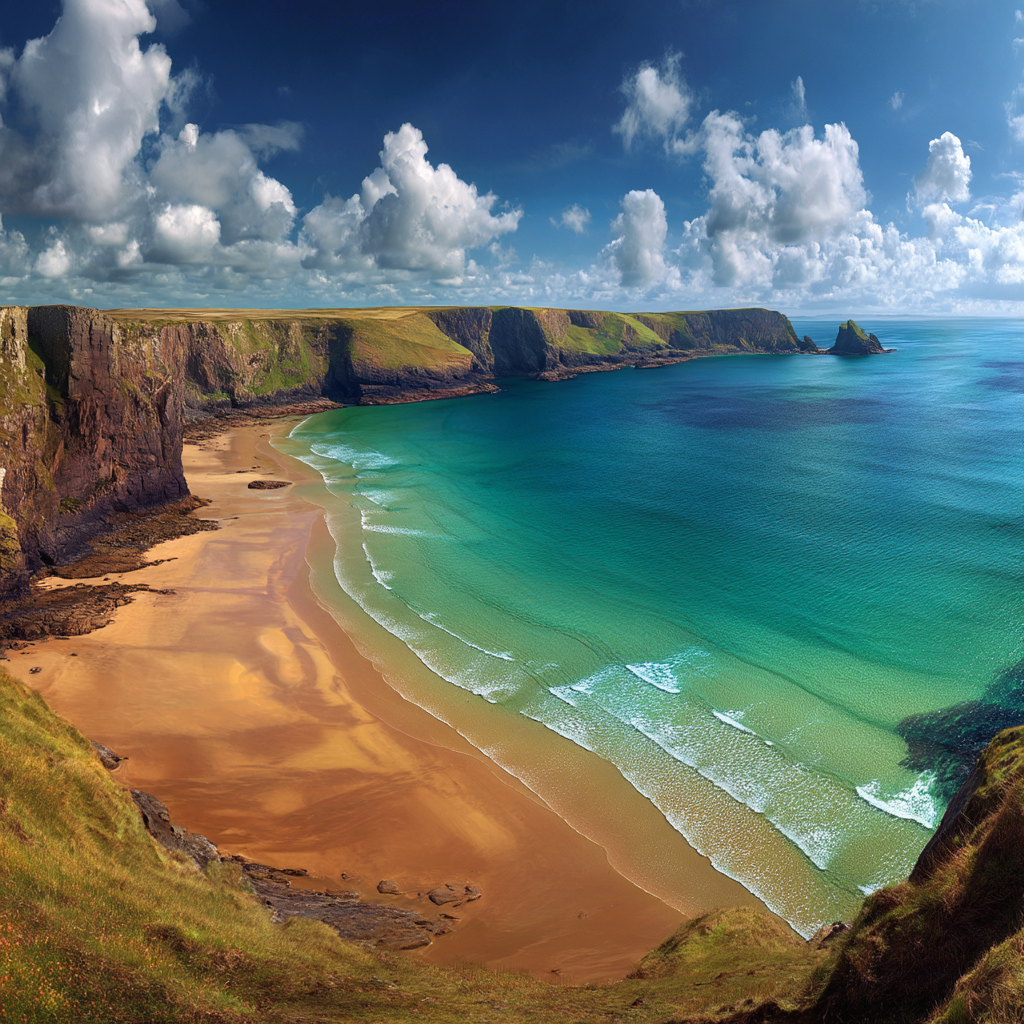 Wunderschöne Küstenlandschaft Mit Sandstrand Und Grünen Klippen | Straende und Kuesten | Landschaften