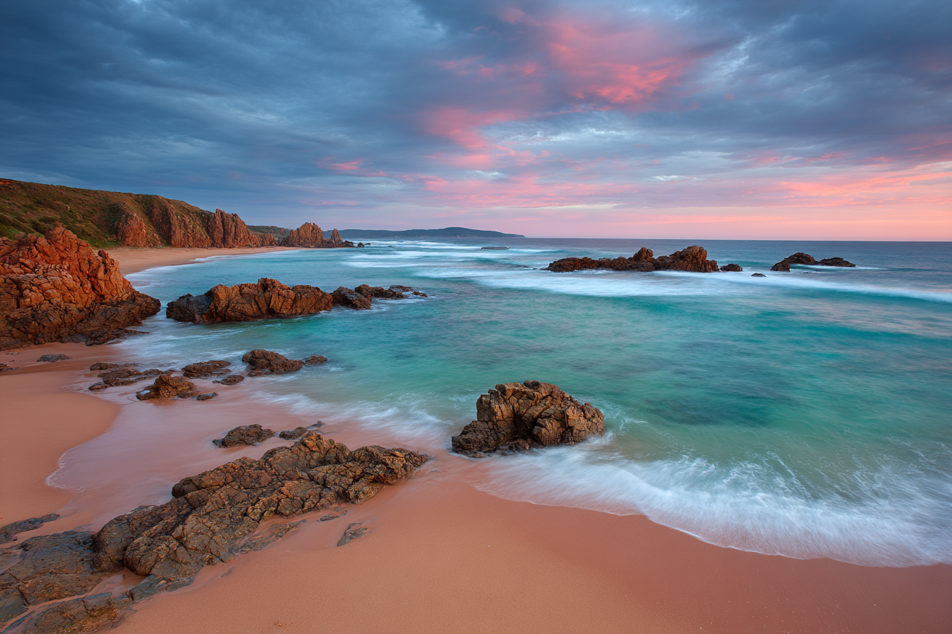 Beach Sunset Rocky Formations Serene Natural Beauty | Straende und Kuesten | Landschaften