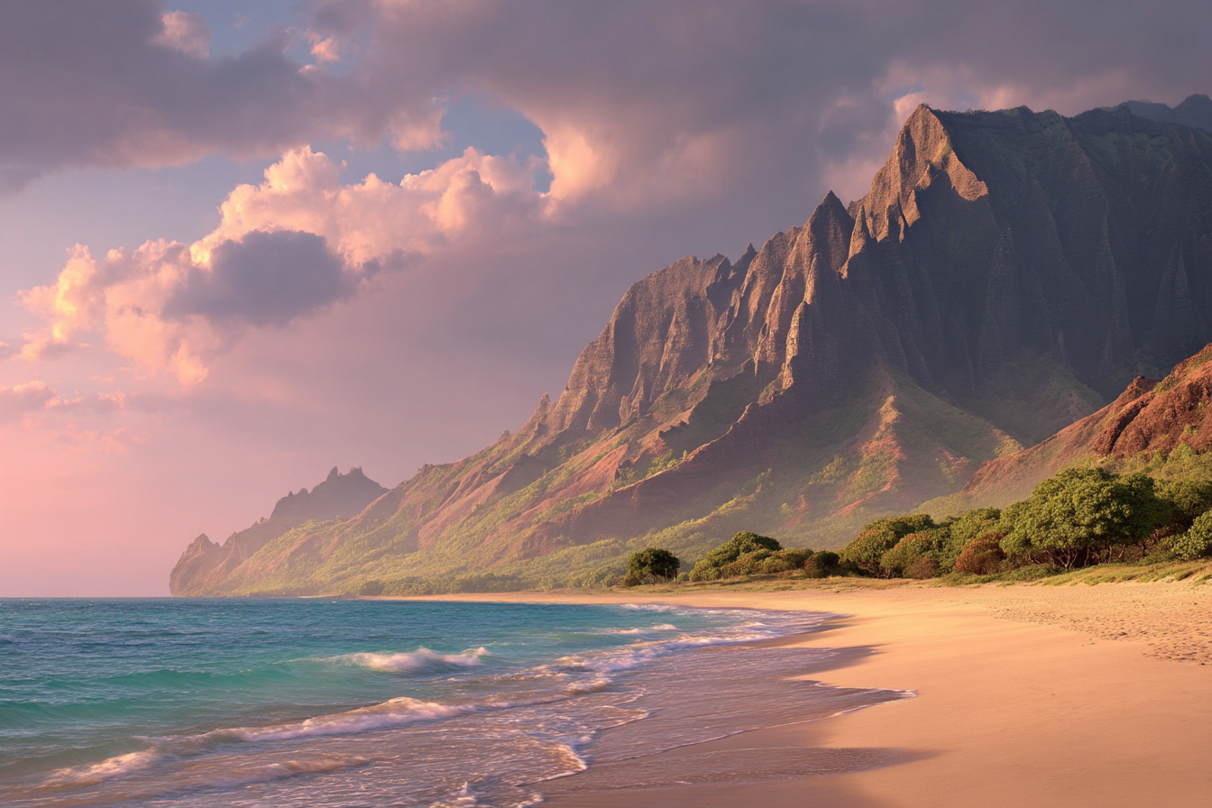 Beach Und Berge Bei Sonnenuntergang | Straende und Kuesten | Landschaften
