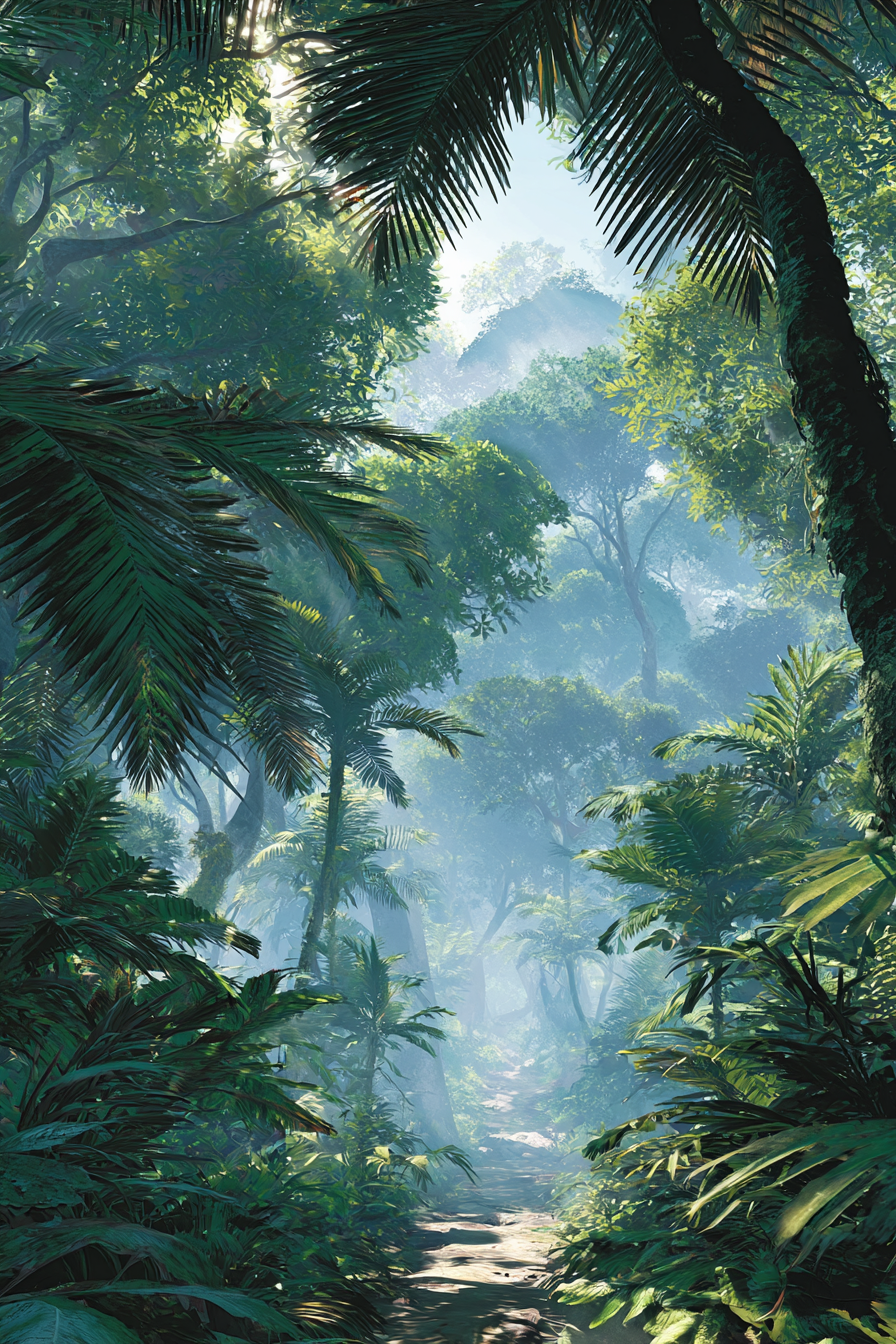 Tropen Und Dschungel Dichte Regenwald Szene Mit Pfad Unter Sonnenschein Mist | Tropen und Dschungel | Landschaften