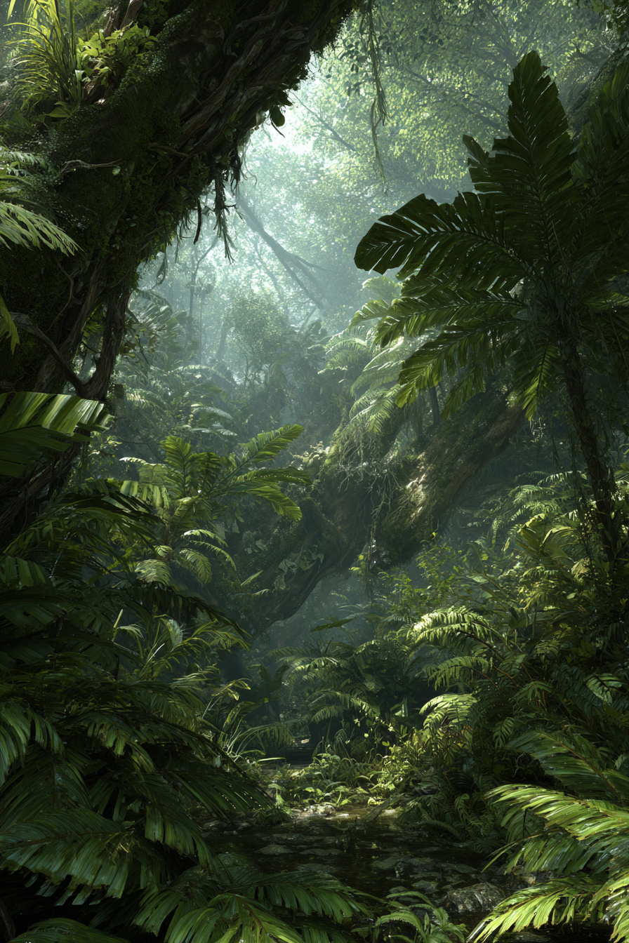 Tropen Und Dschungel Lush Dense Jungle Scene Misty Light Beams Biodiversity Ecosystem | Tropen und Dschungel | Landschaften