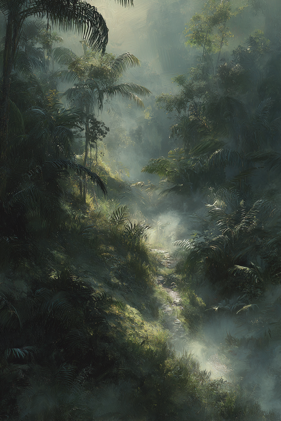 Tropen Und Dschungel Lush Misty Jungle Scene Mit Dichtem Blattwerk Und Weichem Licht | Tropen und Dschungel | Landschaften