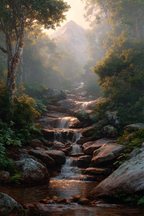 Tropen Und Dschungel Ruhige Natur Landschaft Mit Bach Im Wald Und Nebelberg | Tropen und Dschungel | Landschaften