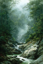 Tropen Und Dschungel Ruhige Waldlandschaft Mit Fliessendem Bach Nebel Atmosphäre | Tropen und Dschungel | Landschaften
