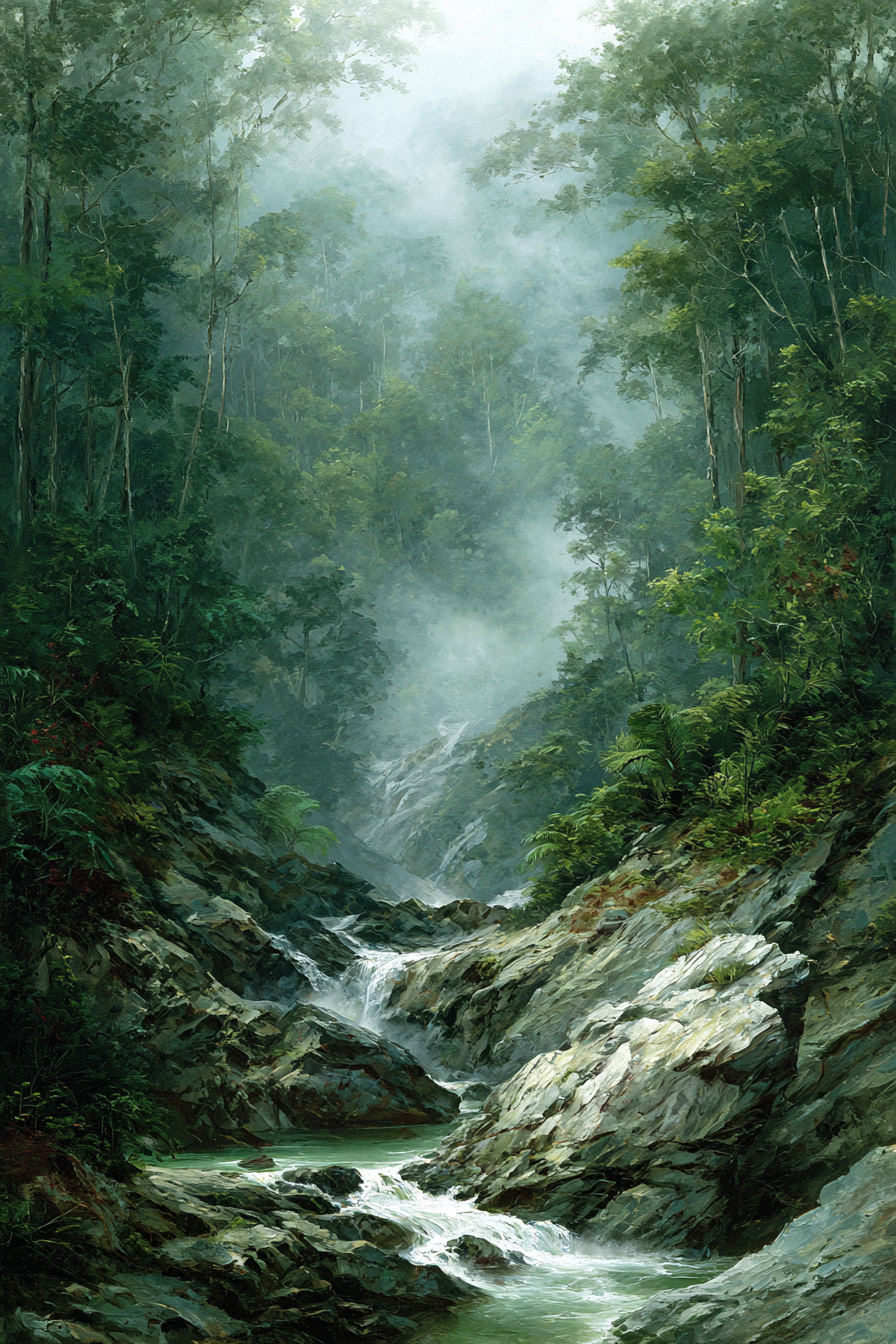 Tropen Und Dschungel Ruhige Waldlandschaft Mit Fliessendem Bach Nebel Atmosphäre | Tropen und Dschungel | Landschaften