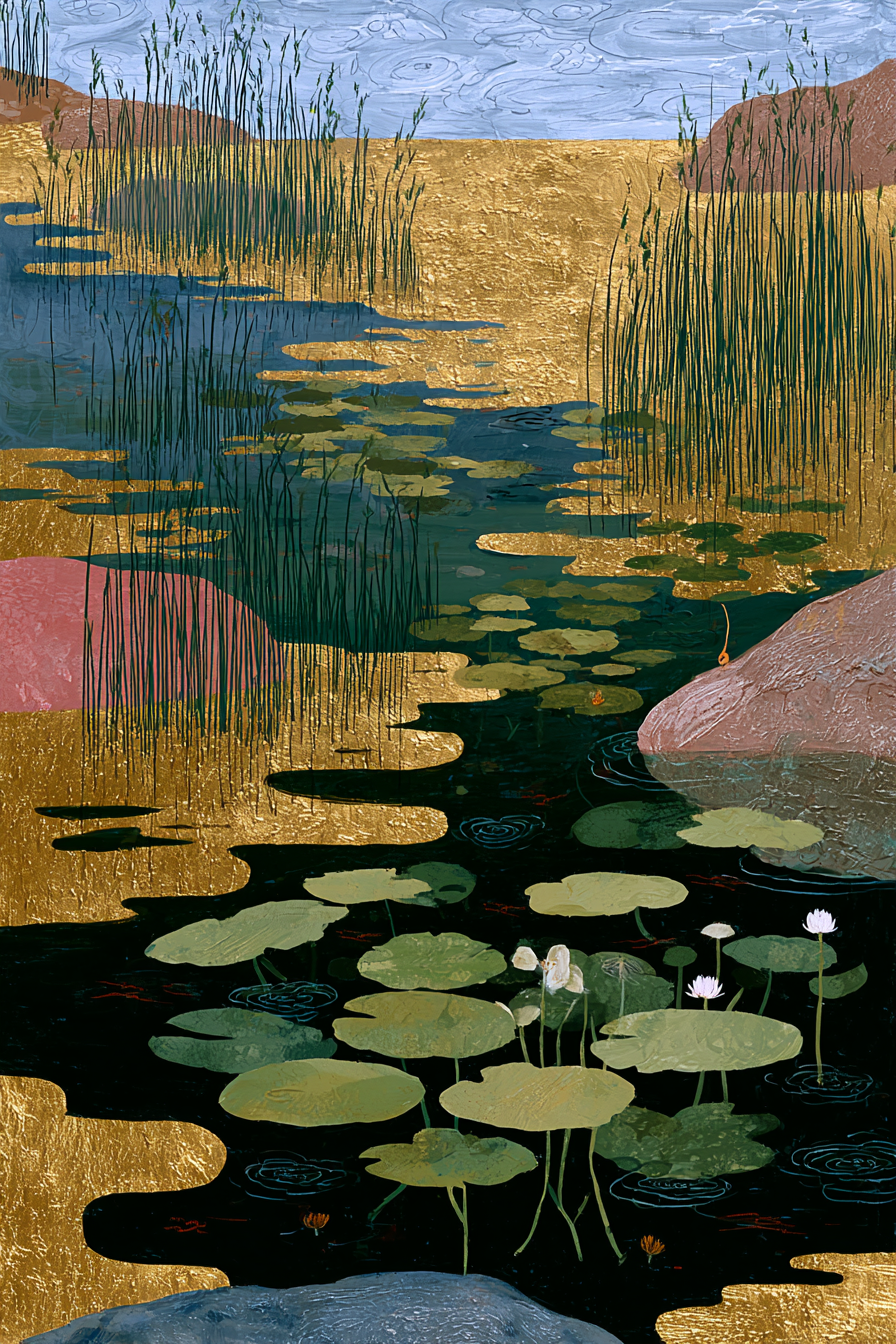 Tropen Und Dschungel Ruhige Wasserlandschaft Lilien Und Vegetation Goldene Elemente | Tropen und Dschungel | Landschaften
