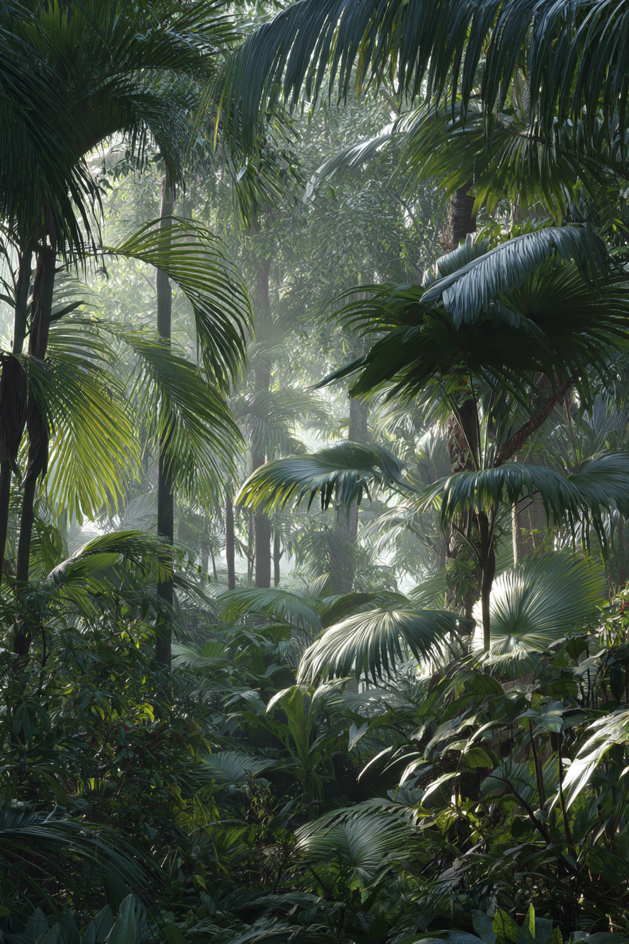 Tropen Und Dschungel Tropischer Regenwald Mit Palmen Und Dichtem Folgen Im Nebligen Licht | Tropen und Dschungel | Landschaften
