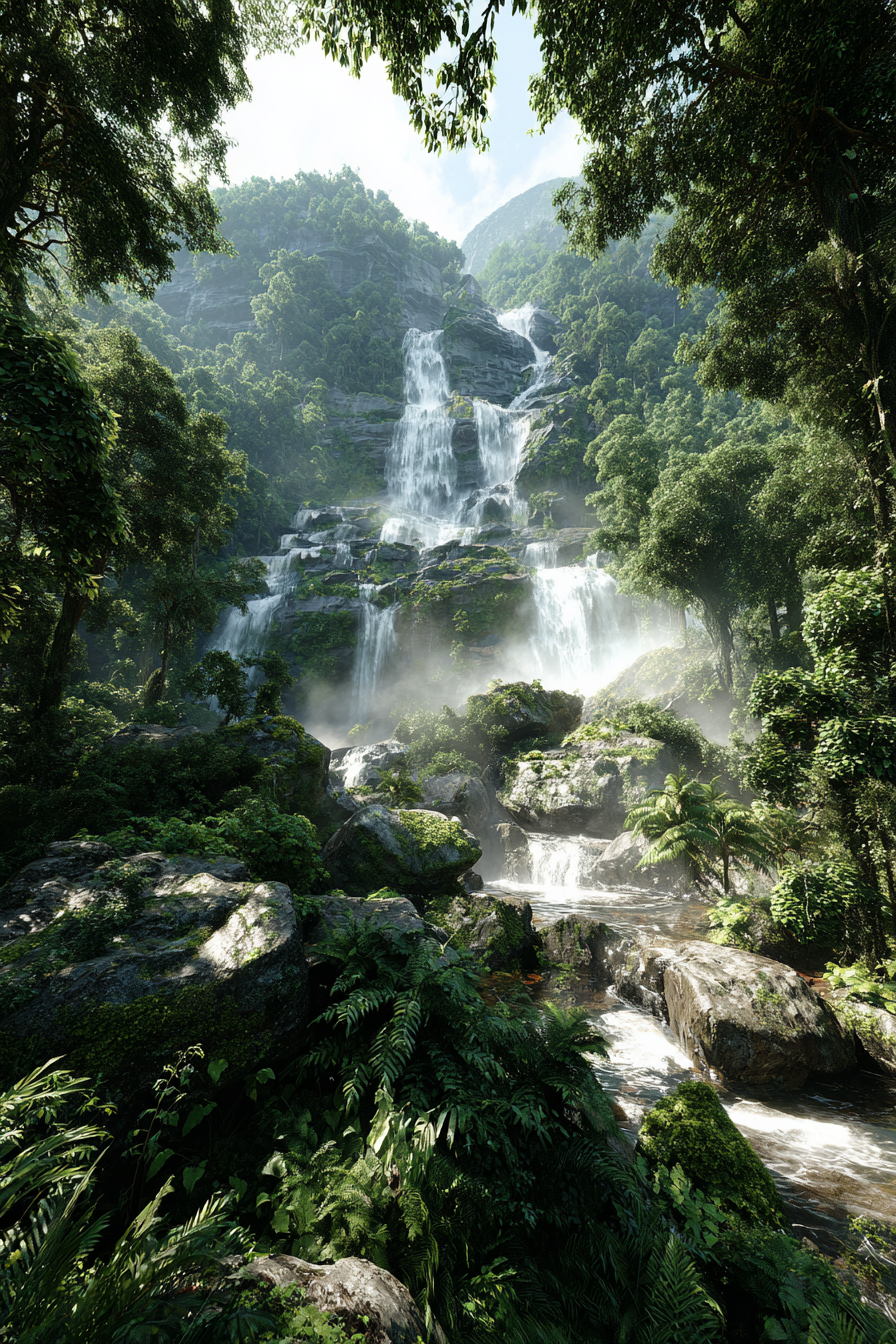 Tropen Und Dschungel Wasserfall Im Wald Mit Nebel Und Grünem Laub | Tropen und Dschungel | Landschaften