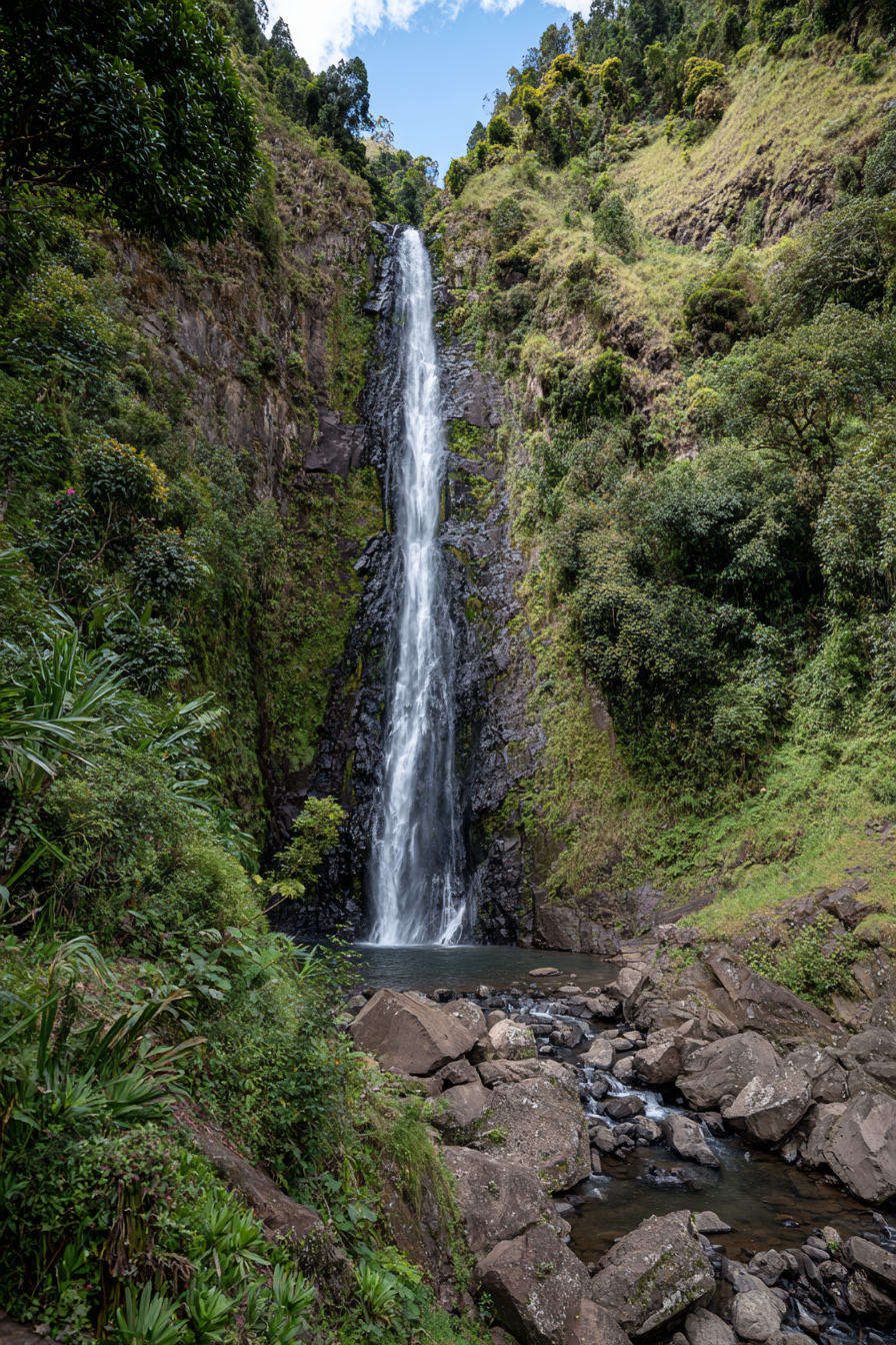 Tropen Und Dschungel Wasserfall Umgeben Von Grünem Gelände Und Klarem Himmel | Tropen und Dschungel | Landschaften