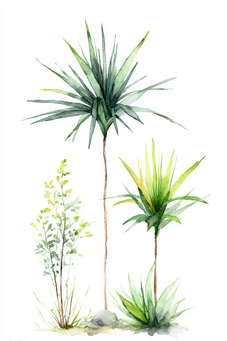 Tropen Und Dschungel Wasserfarben Pflanzenillustration Drei Arten Mit Verlängerten Blättern | Tropen und Dschungel | Landschaften