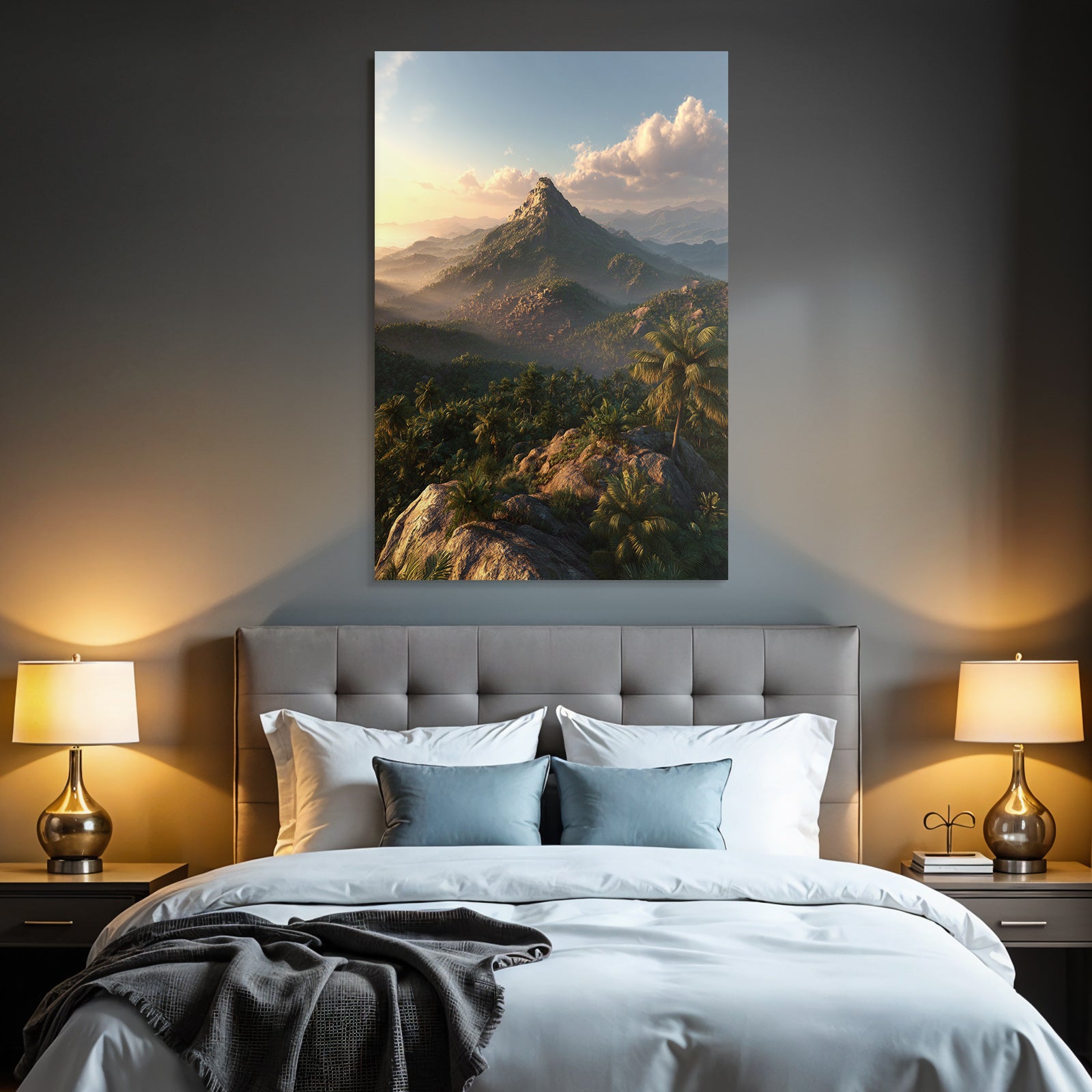 Tropics and Jungle Breathtaking Landscape with Mountain and Green Plants Dawn Dusk