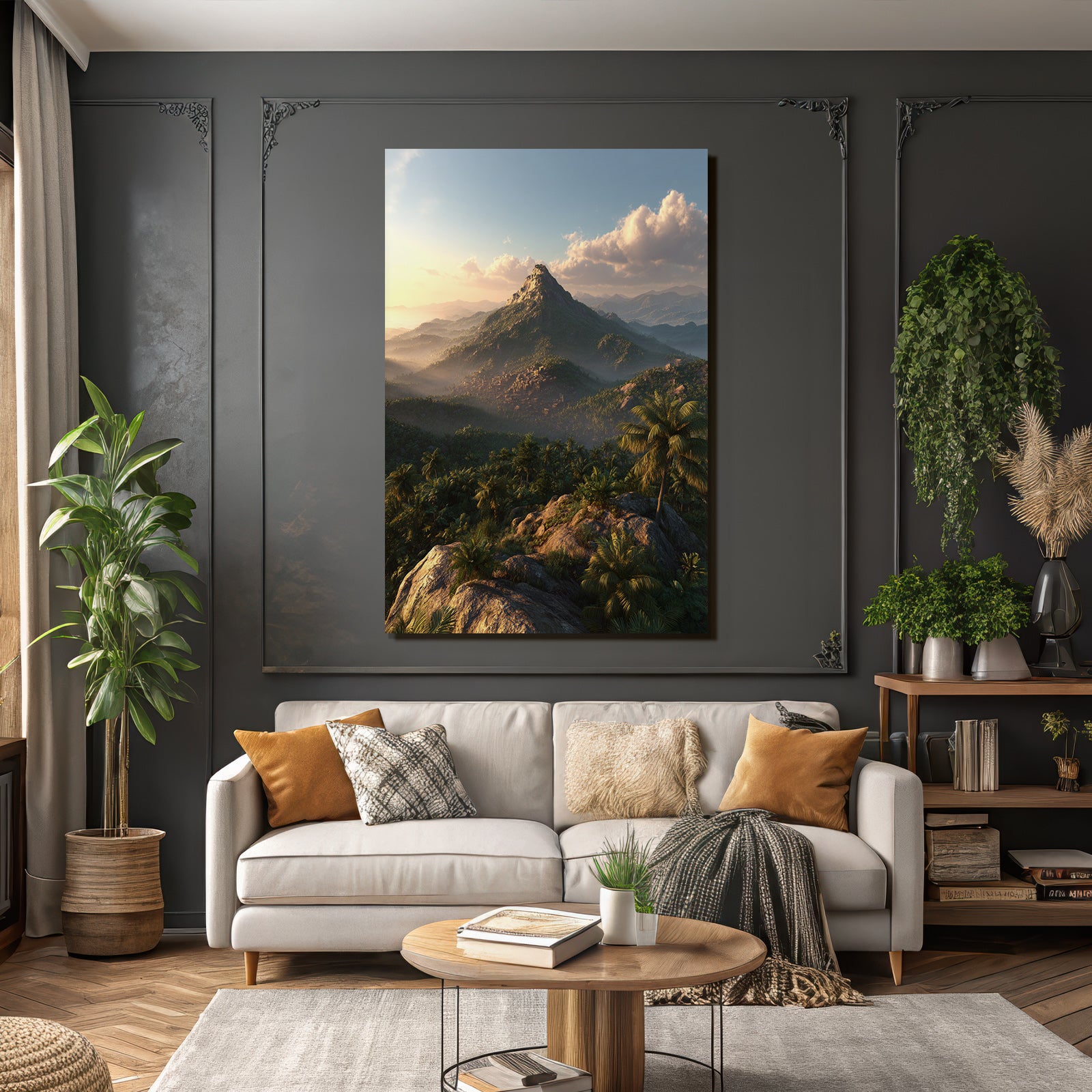 Tropics and Jungle Breathtaking Landscape with Mountain and Green Plants Dawn Dusk