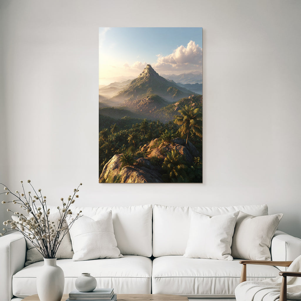 Tropics and Jungle Breathtaking Landscape with Mountain and Green Plants Dawn Dusk