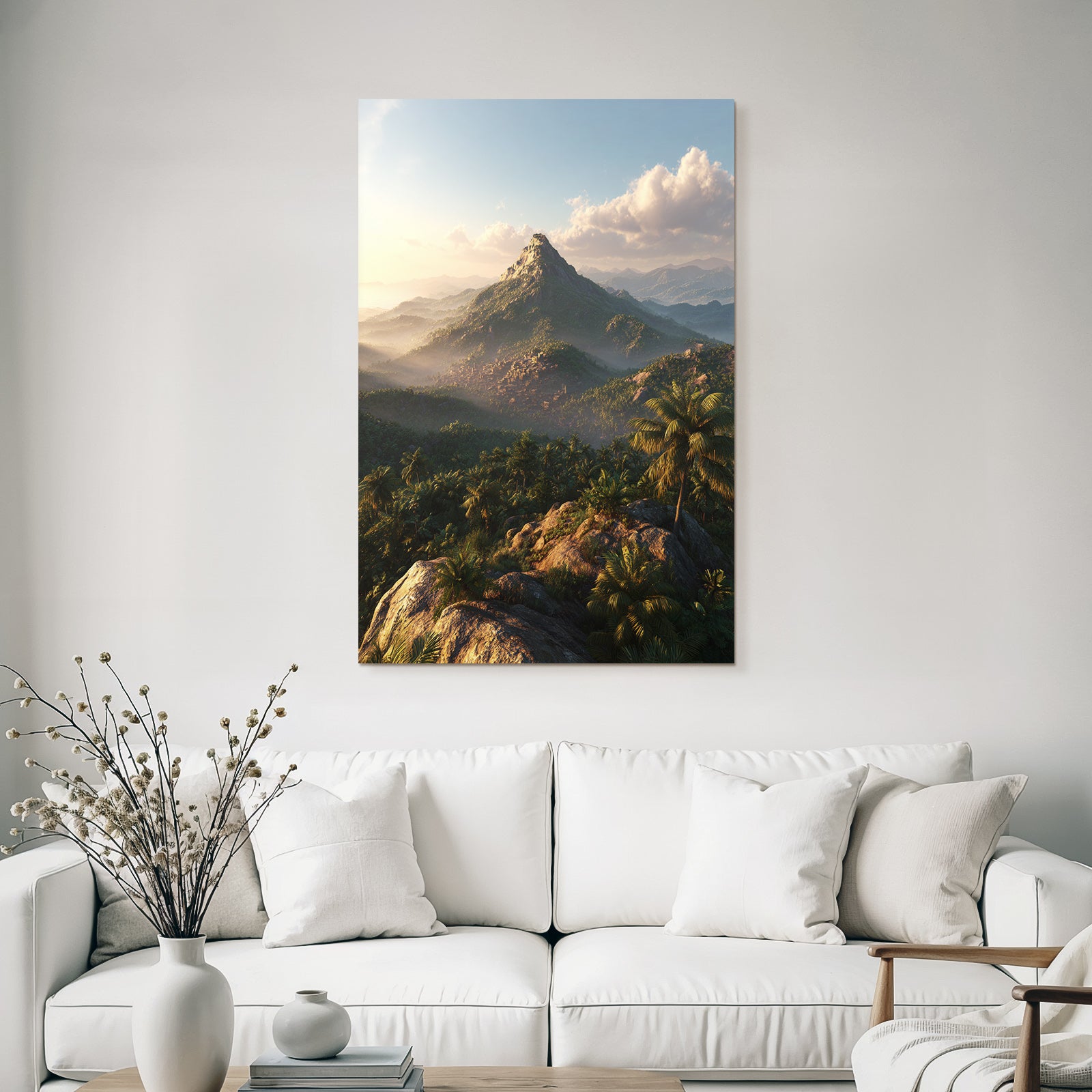 Tropics and Jungle Breathtaking Landscape with Mountain and Green Plants Dawn Dusk