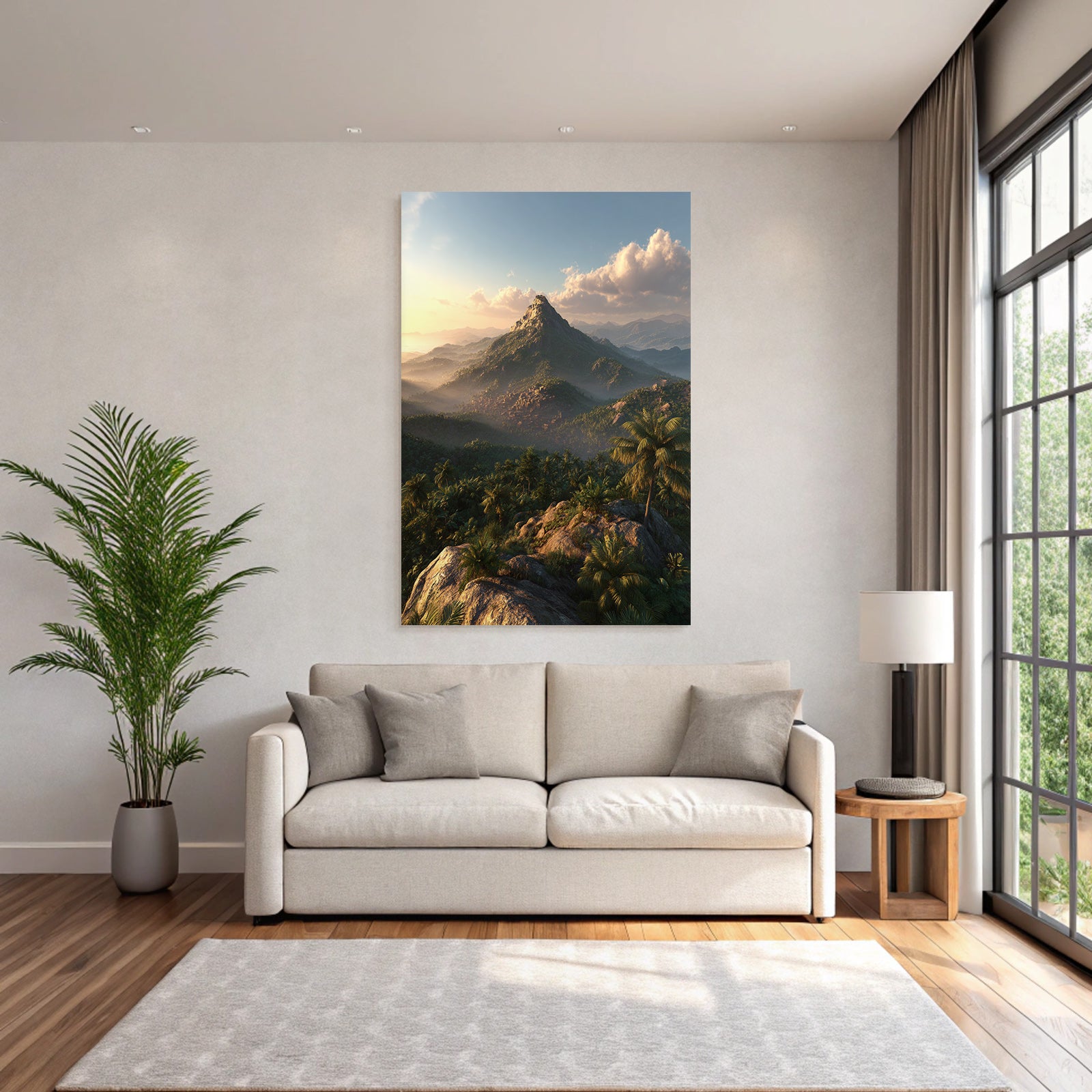 Tropics and Jungle Breathtaking Landscape with Mountain and Green Plants Dawn Dusk