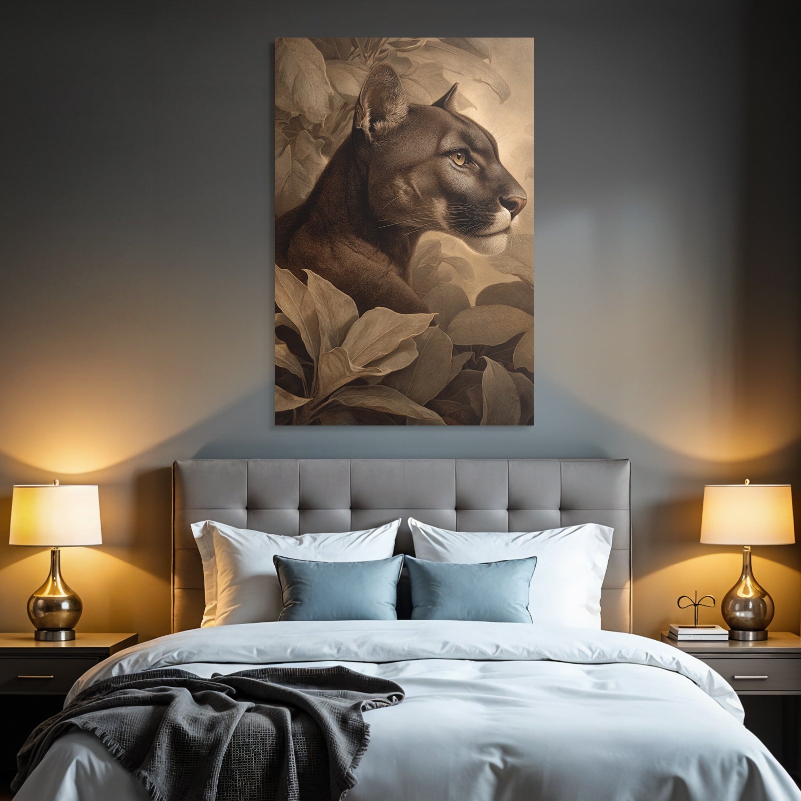 Tropics and Jungle Mountain Lion Profile with Leaves Realism Art