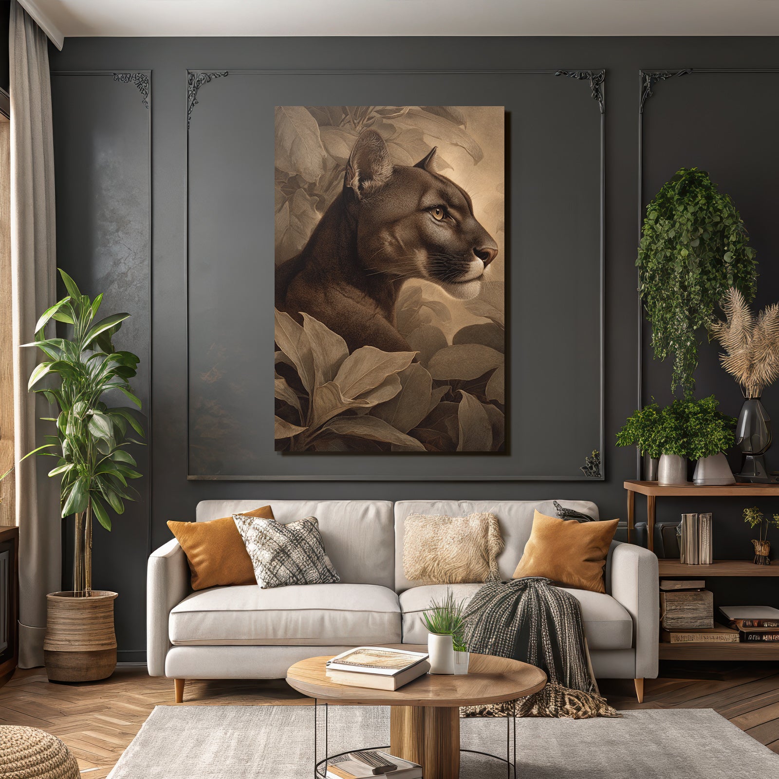 Tropics and Jungle Mountain Lion Profile with Leaves Realism Art