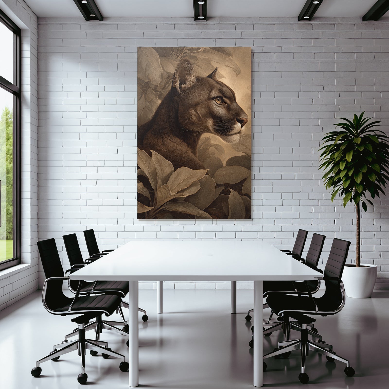 Tropics and Jungle Mountain Lion Profile with Leaves Realism Art