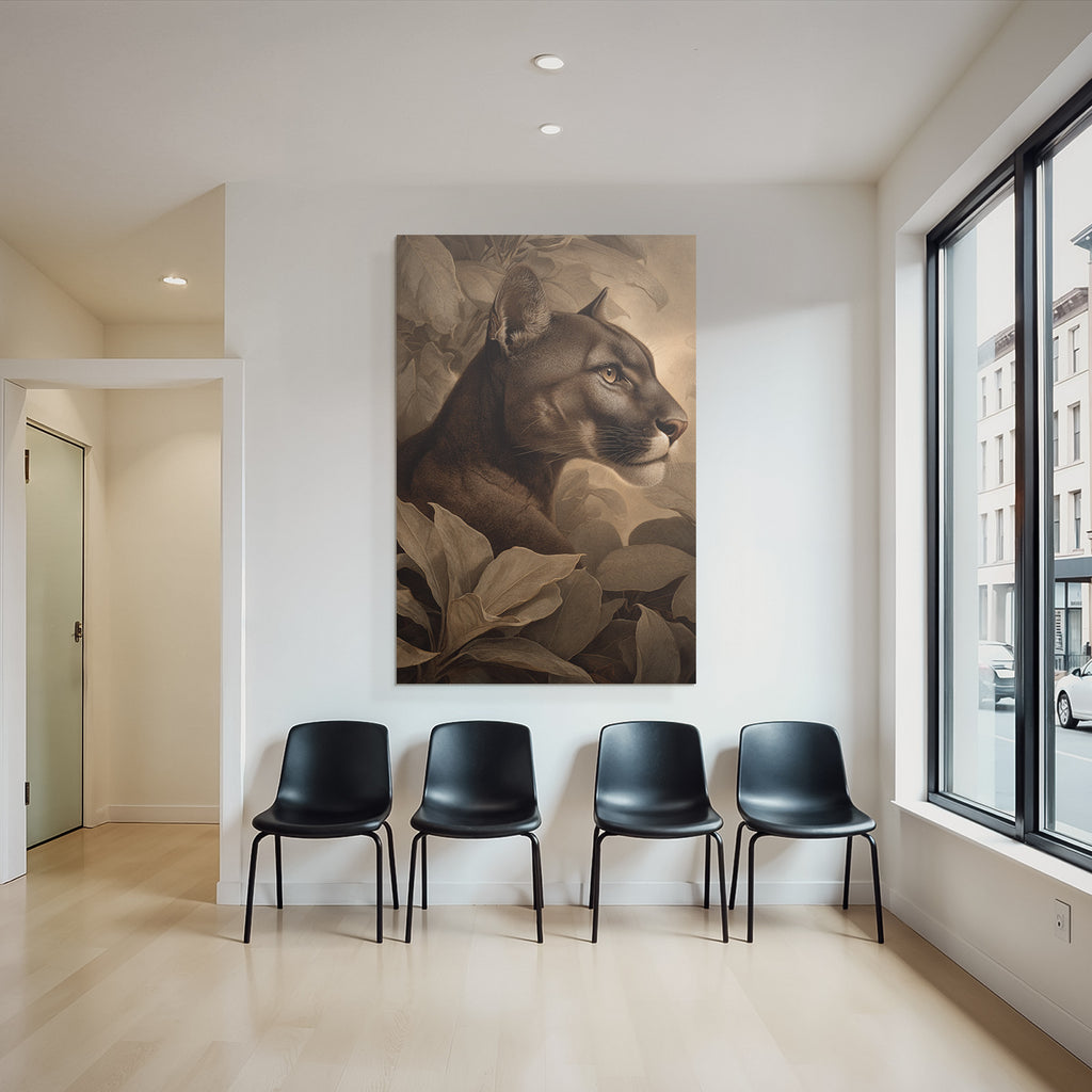 Tropics and Jungle Mountain Lion Profile with Leaves Realism Art