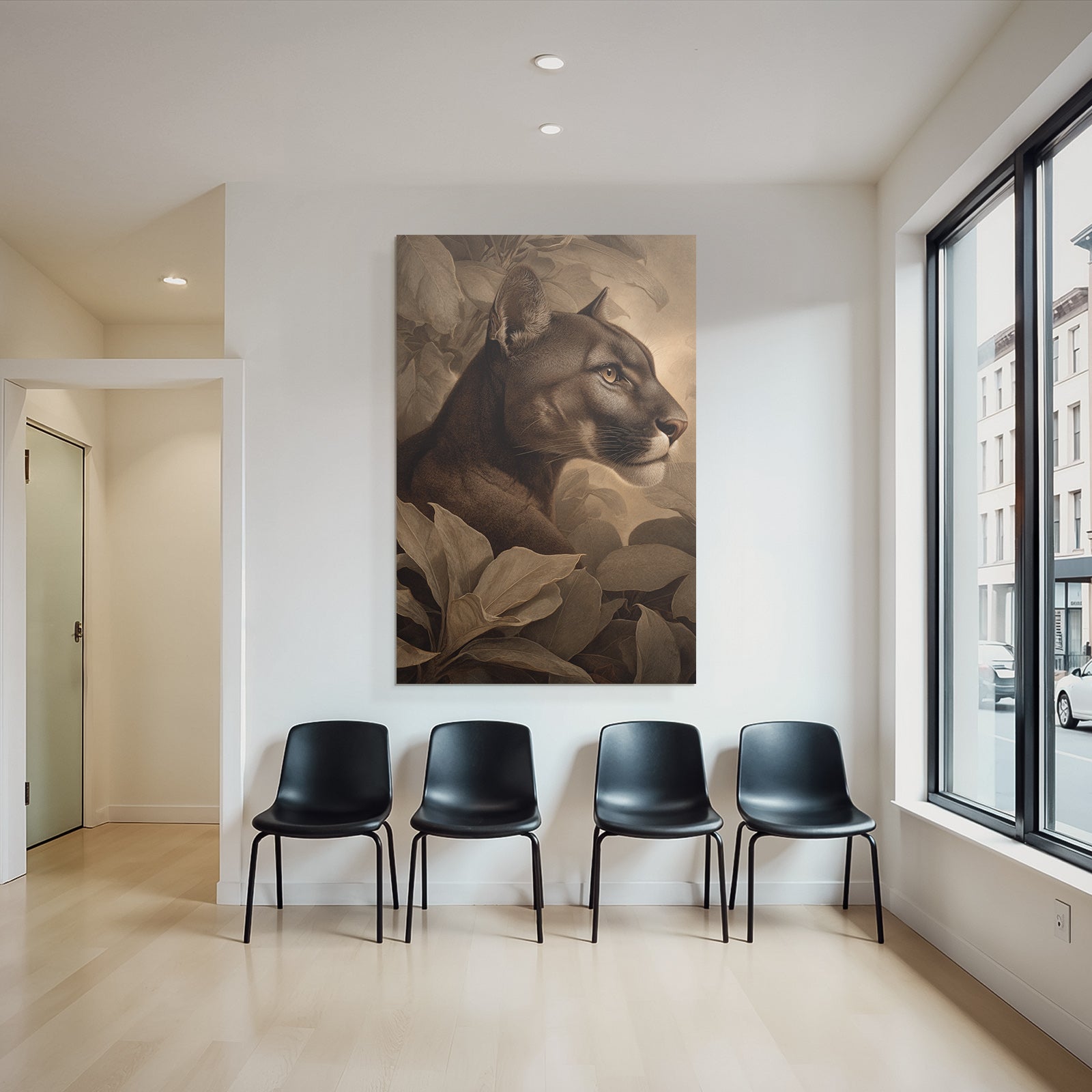 Tropics and Jungle Mountain Lion Profile with Leaves Realism Art