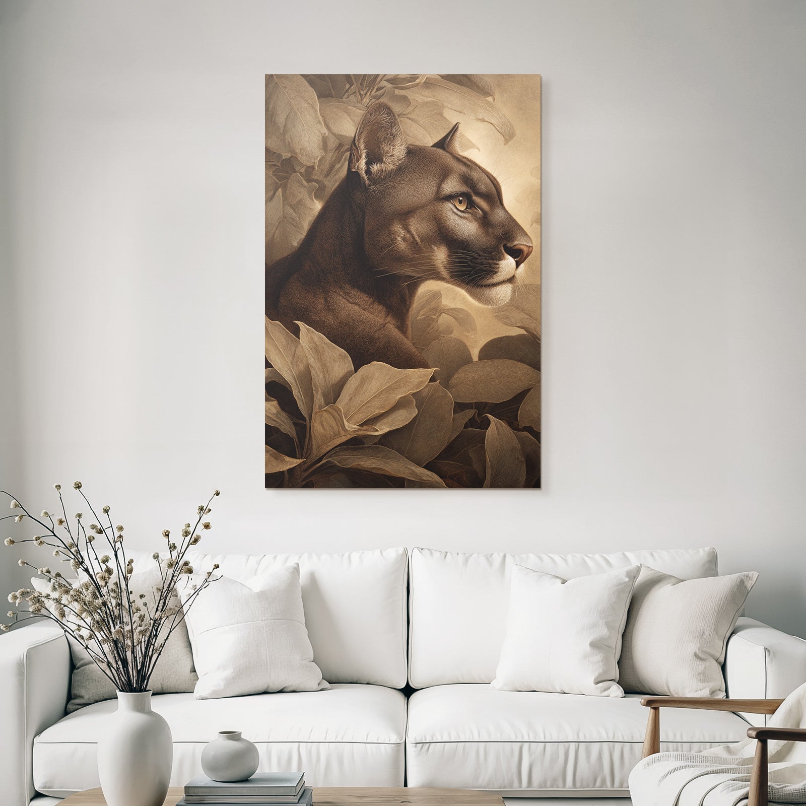 Tropics and Jungle Mountain Lion Profile with Leaves Realism Art