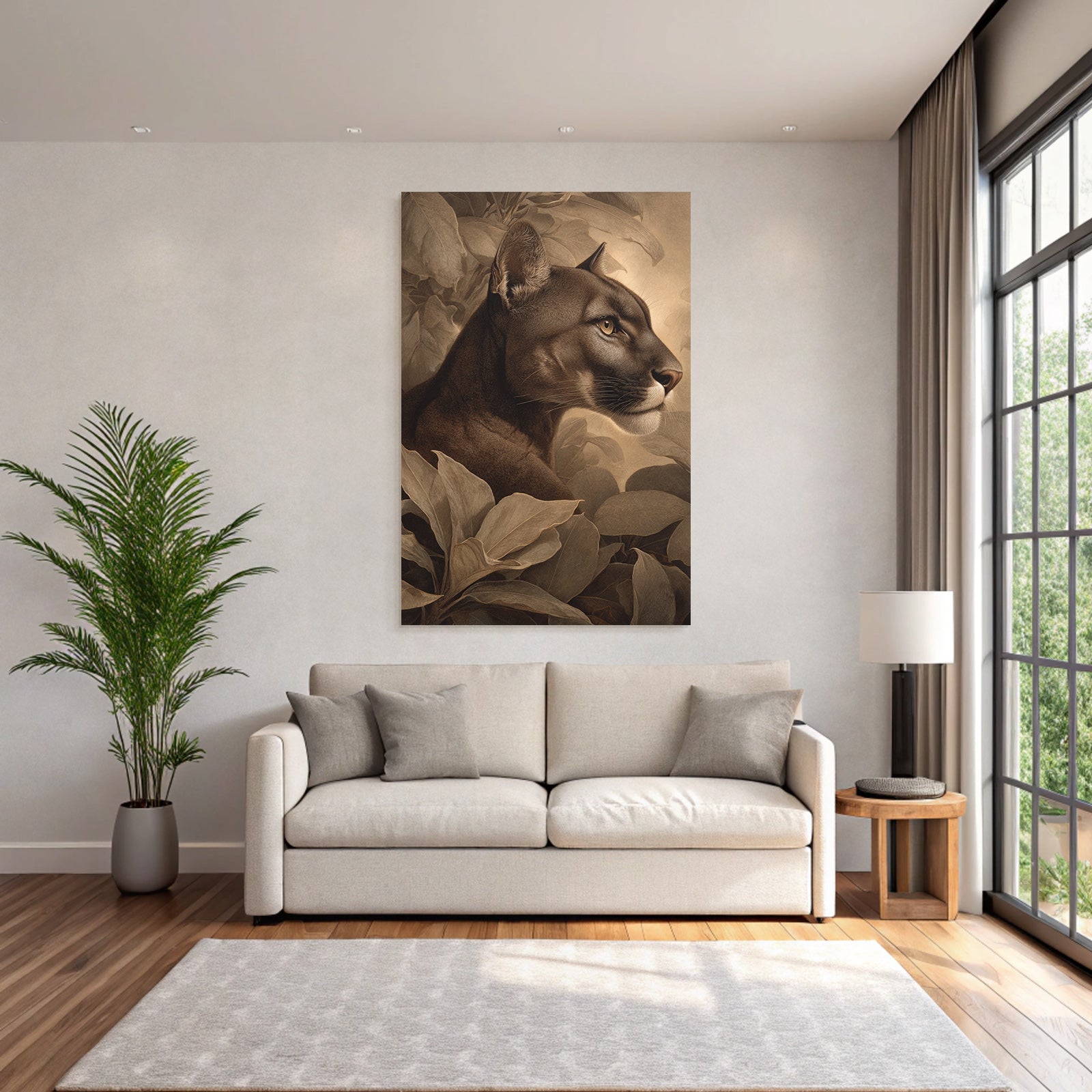 Tropics and Jungle Mountain Lion Profile with Leaves Realism Art