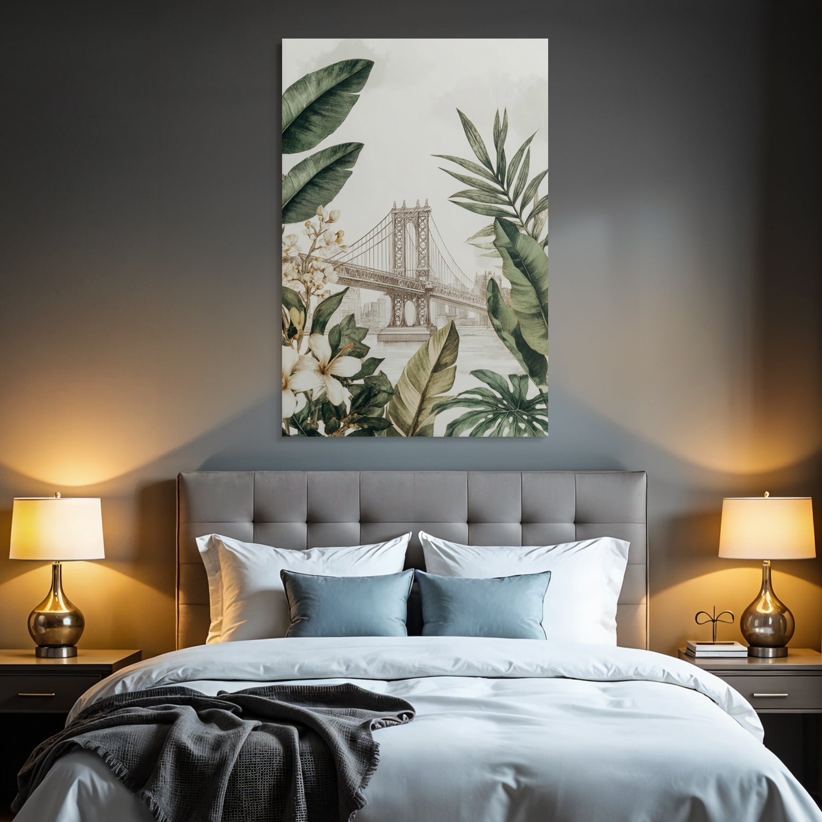 Tropics and jungle bridge and botanical illustrations in cityscape