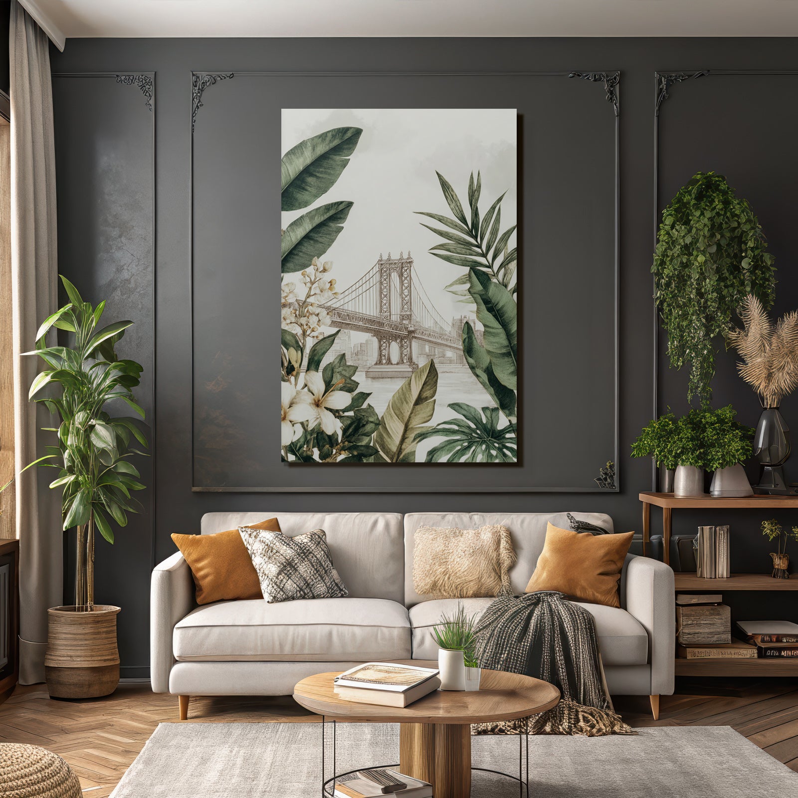 Tropics and jungle bridge and botanical illustrations in cityscape