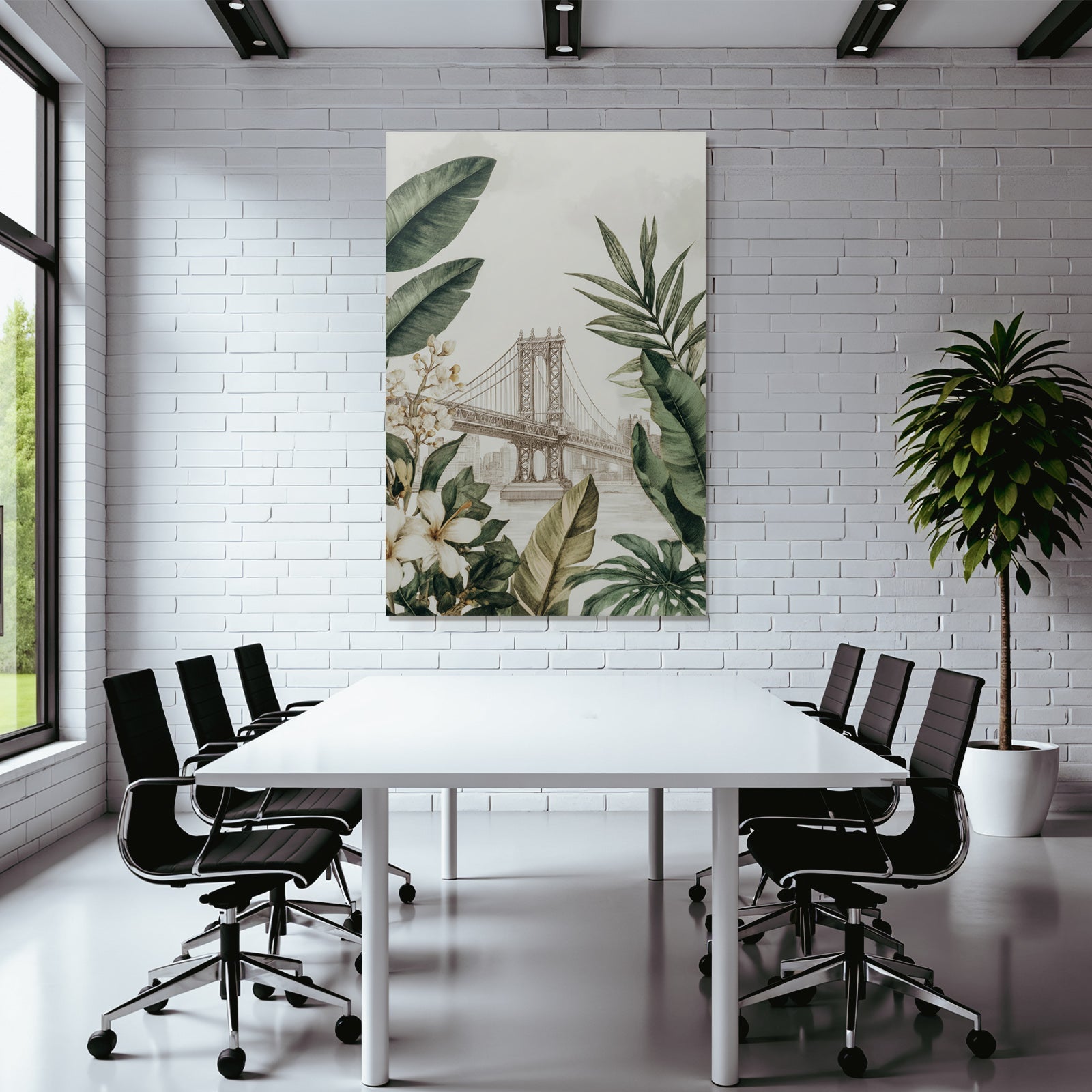 Tropics and jungle bridge and botanical illustrations in cityscape