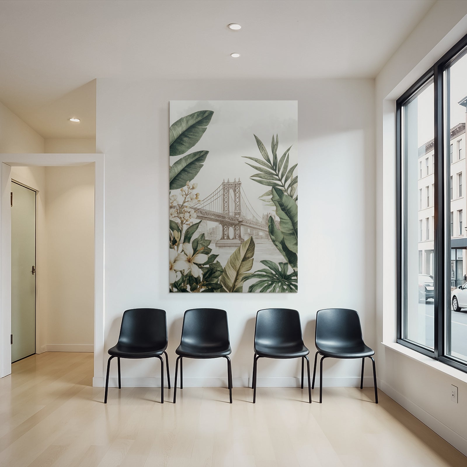Tropics and jungle bridge and botanical illustrations in cityscape