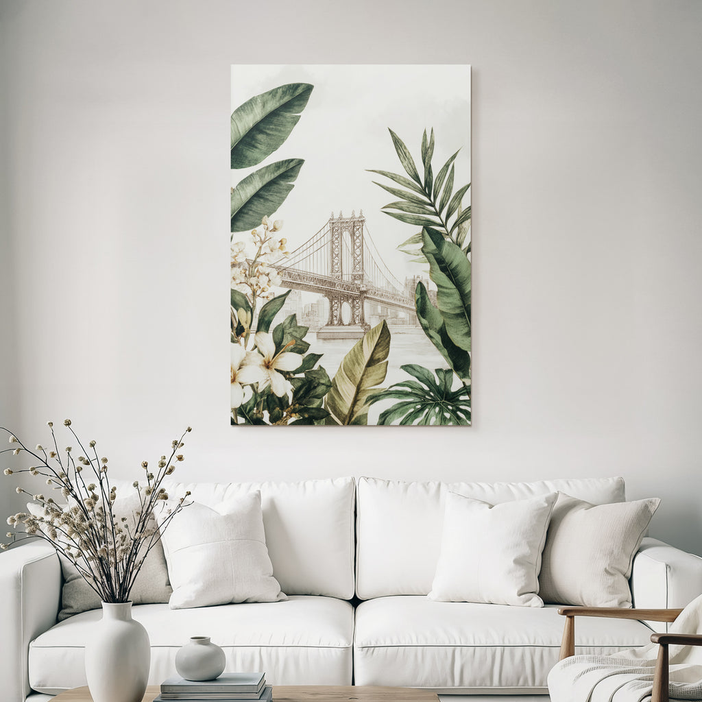 Tropics and jungle bridge and botanical illustrations in cityscape