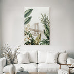 Tropics and jungle bridge and botanical illustrations in cityscape
