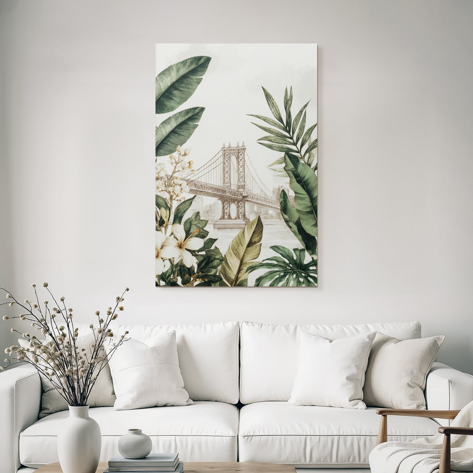 Tropics and jungle bridge and botanical illustrations in cityscape
